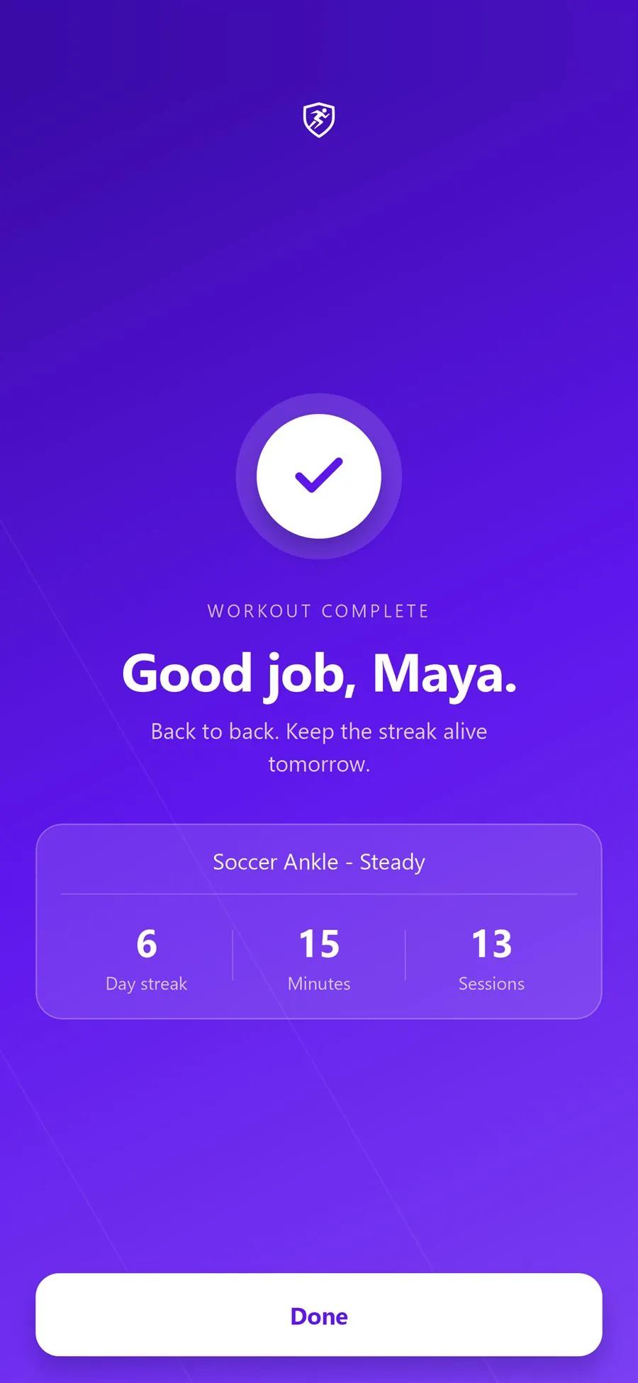 Preventify workout complete screen showing streak, minutes, and total sessions
