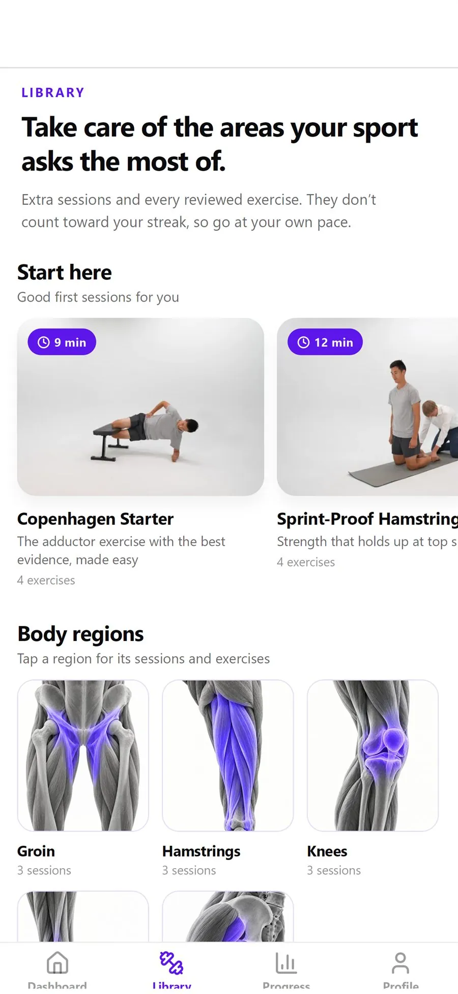 Preventify library with sessions and body regions for your sport