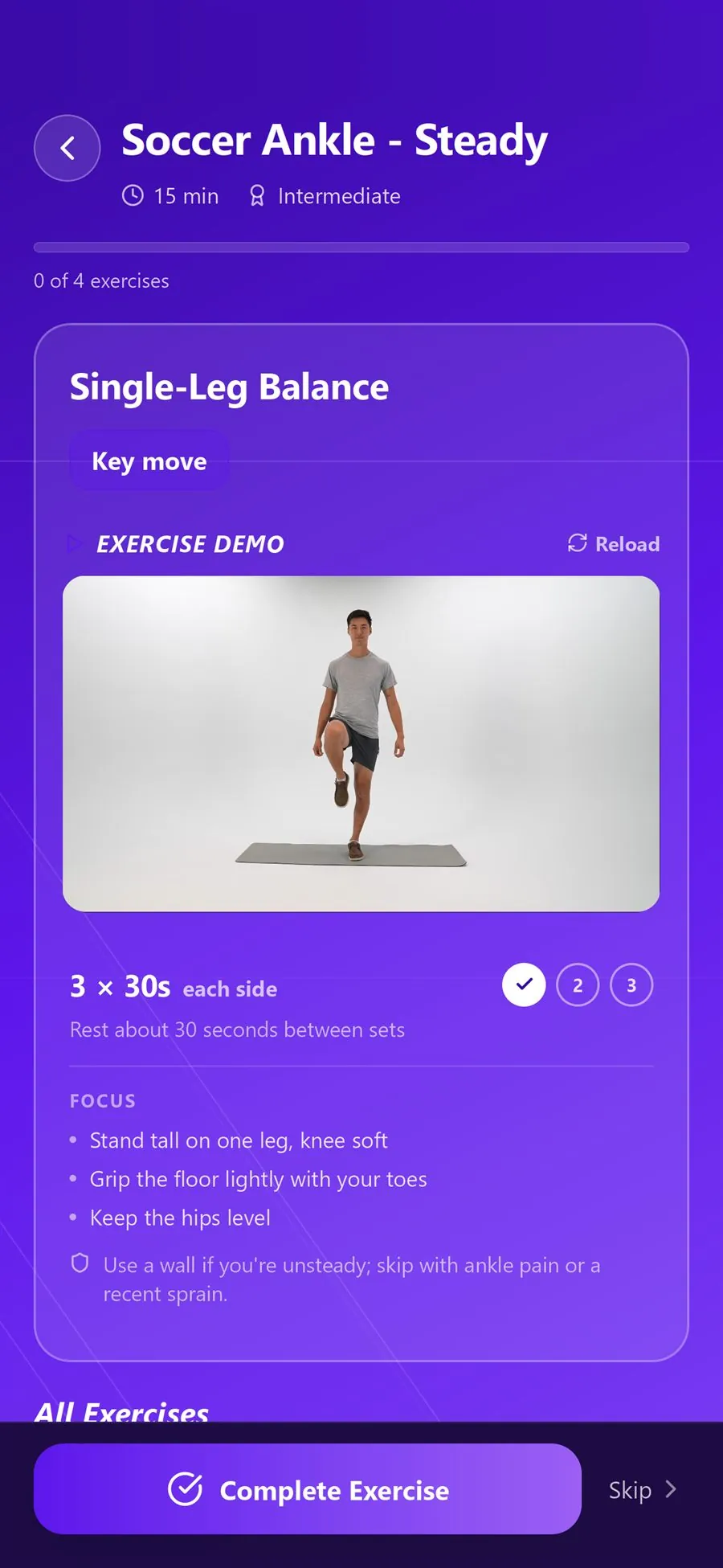 Preventify workout screen showing Single-Leg Balance with its demo video, dose, focus cues and safety note