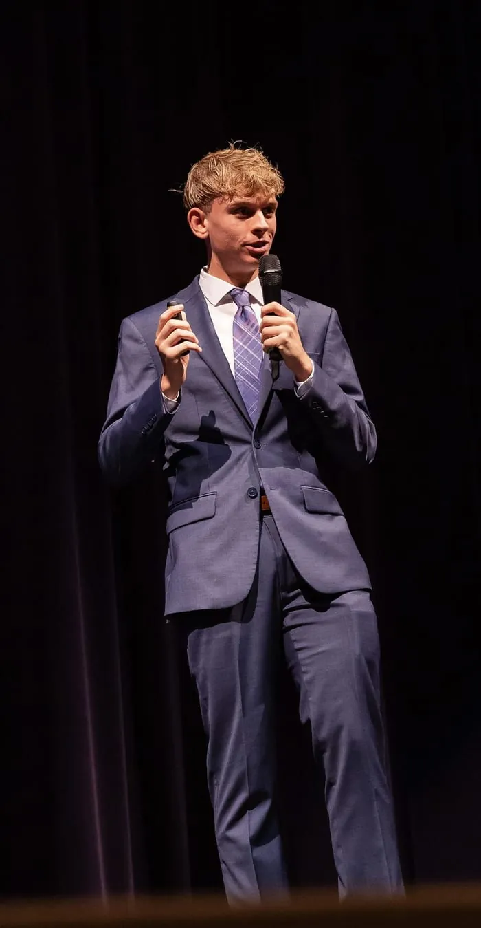 Founder Owen Labay pitching Preventify on stage at the INCubatoredu pitch competition